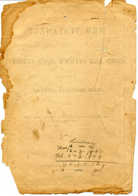 On the back of the previous page, we find the birthdates of Lindsay and Lucy, along with a calculation -- it was presumably Lucy who calculated that she was 12 years, 1 month, and 11 days older than her step-son, Lindsay.